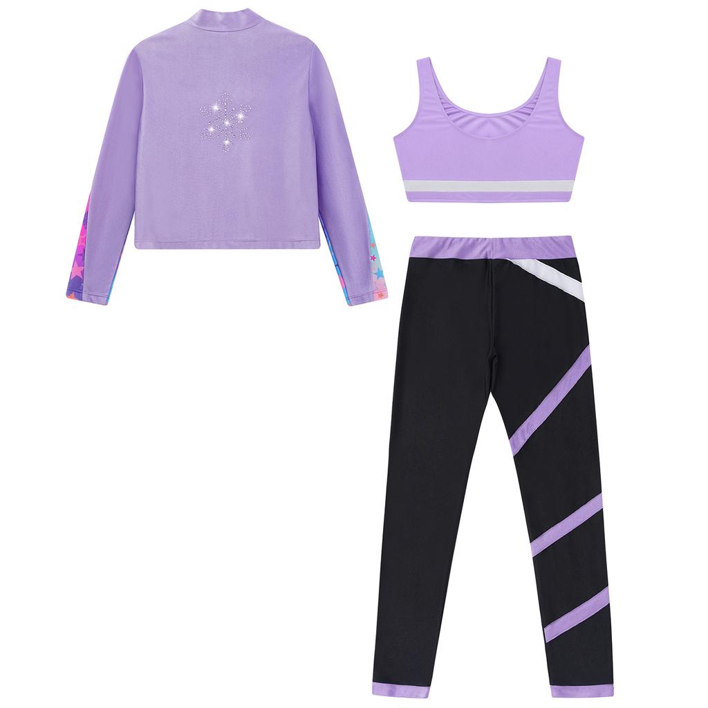 Ärmellose Weste für Mädchen Kontrastfarbene Leggings Langarm Reißverschluss Sweatshirt Print Schlittschuh Outfit Set