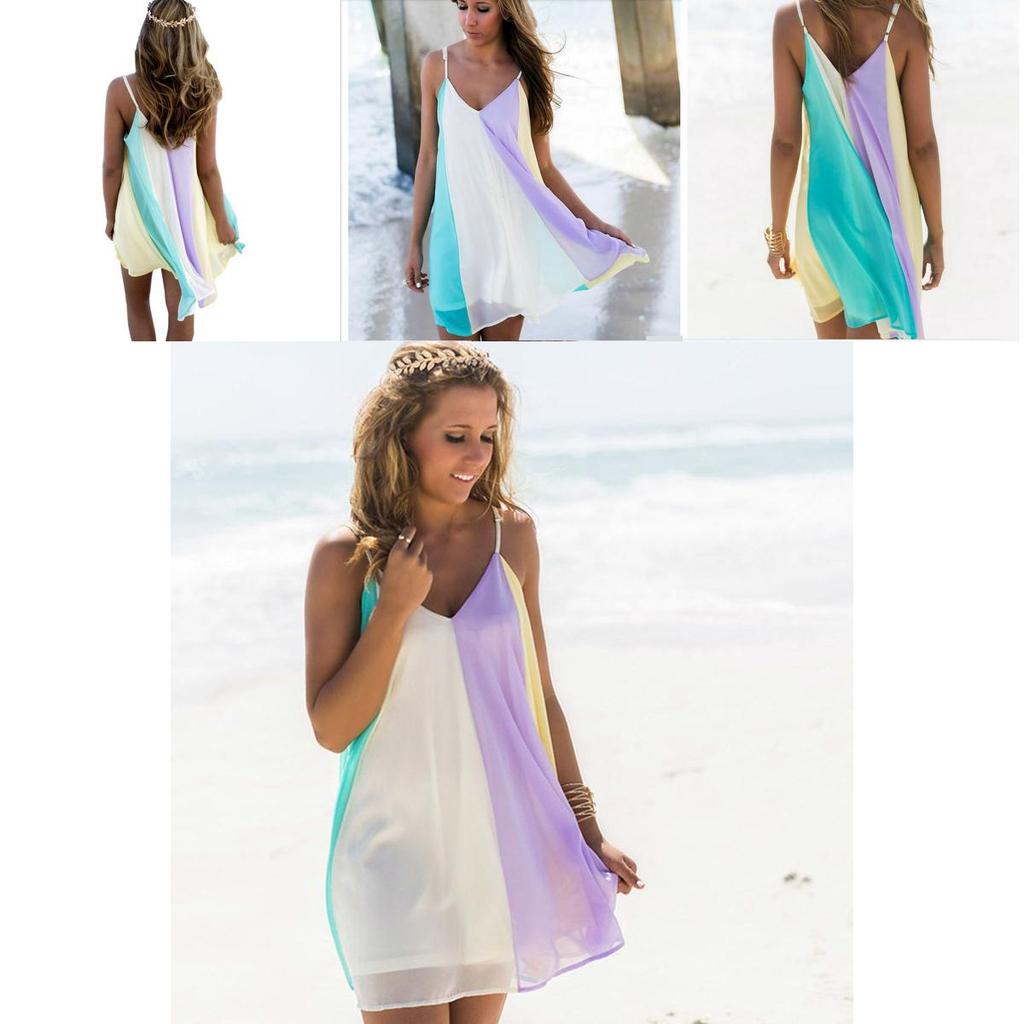Premium Quality Women Summer Casual Dress Colorful Mini Chiffon Spaghetti Strap