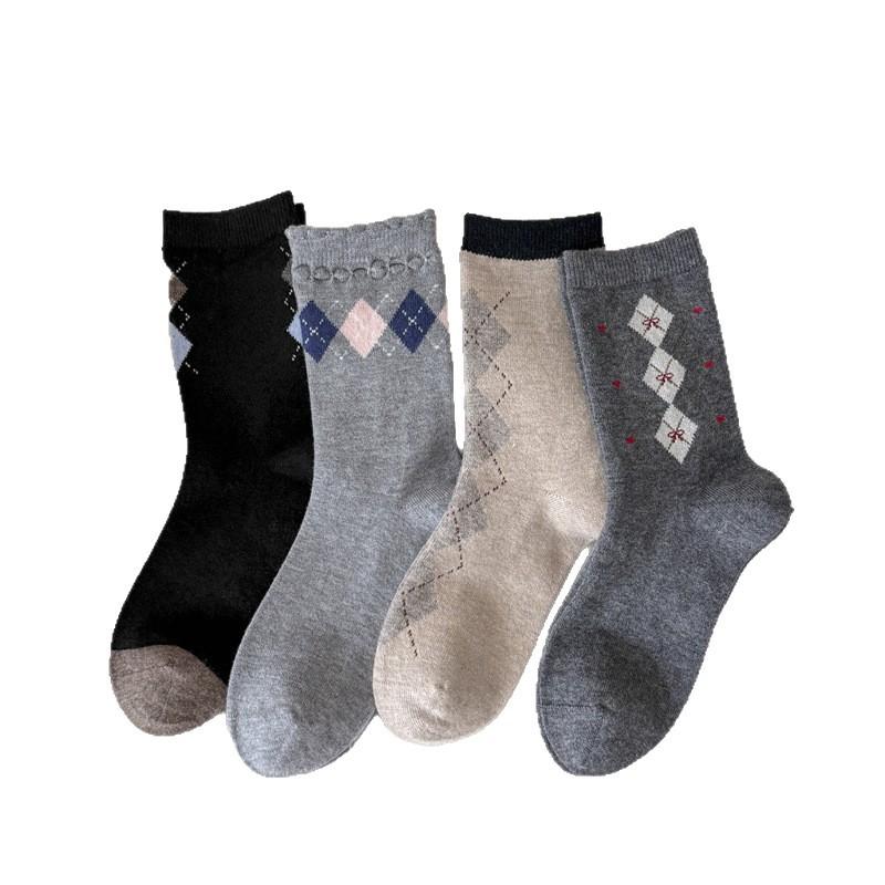 Woolen Socks for Women, Retro Diamond-shaped Mid-calf Socks, Warm and Thick for Autumn and Winter, Grey Pile Socks for Winter