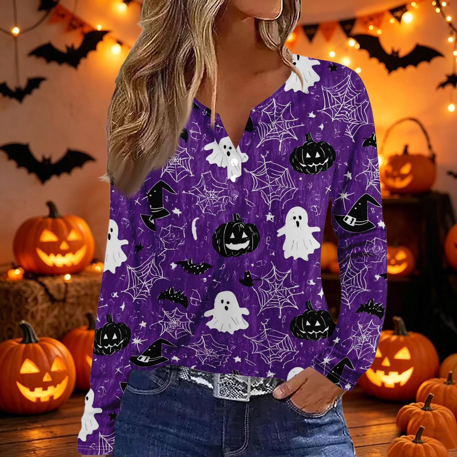 Women s Halloween Printed V-Neck Long Sleeve T-Shirt, Button Casual Top for Women L