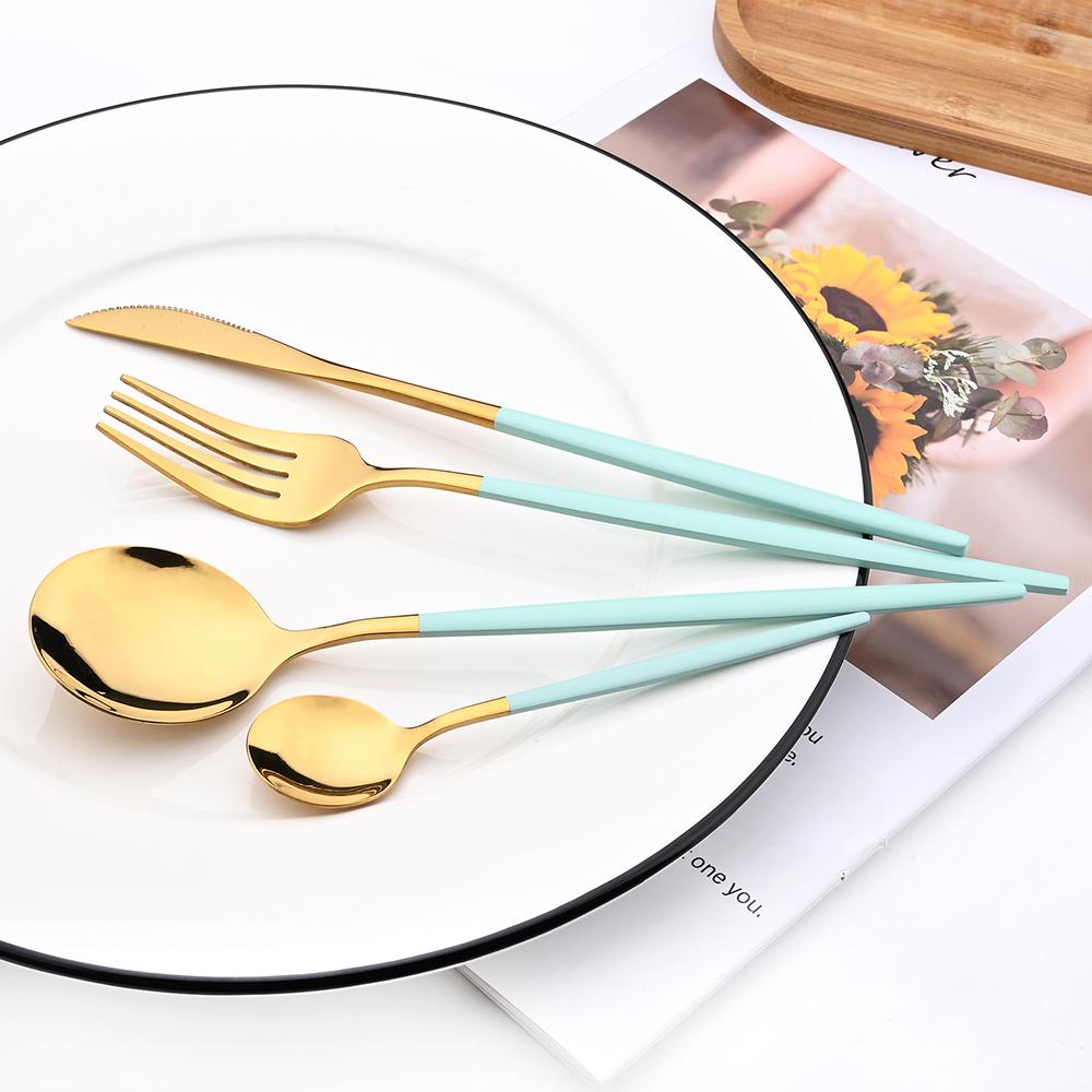 16Pcs Dinnerware Knife Fork Coffee Spoon Cutlery Set  Flatware Stainless Mint Green Gold Steel Silverware Tableware Set