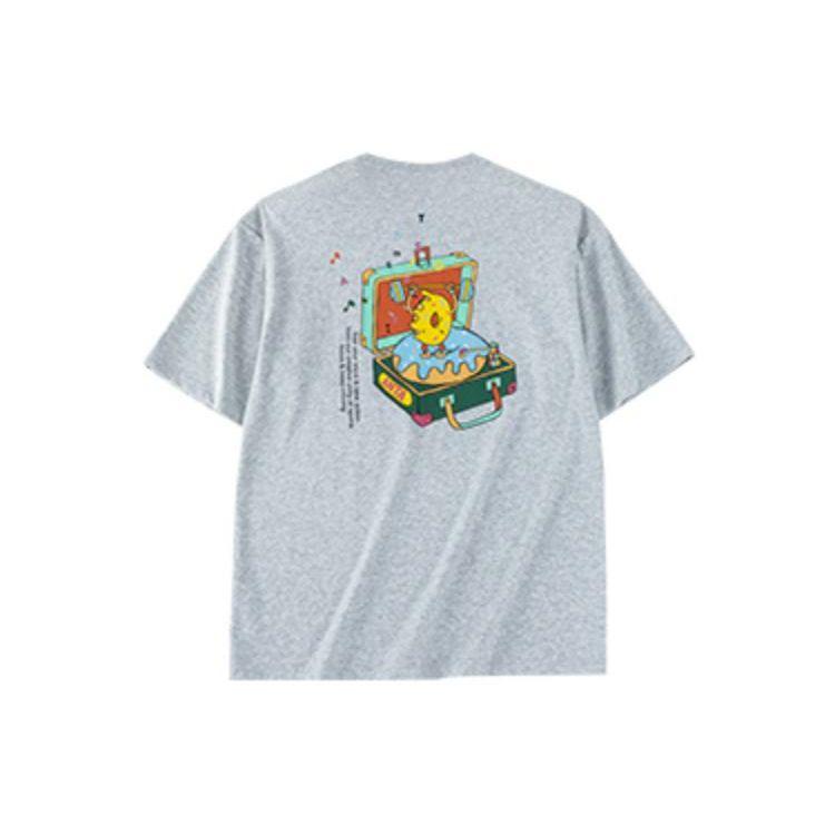 Anta Cartoon Letter Print Round Neck Short Sleeve T-Shirt Unisex Tops Gray 972328108-2