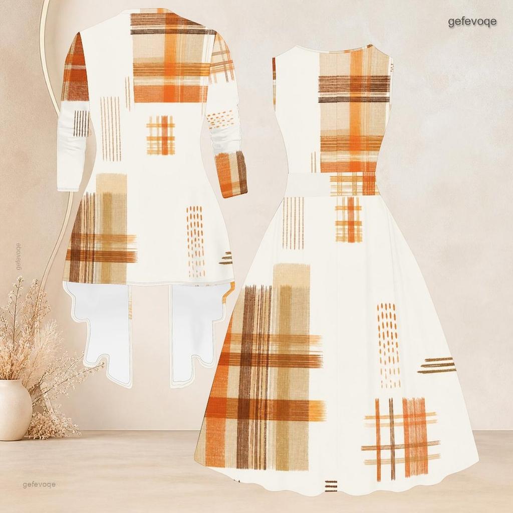 Women Plus Size Two Piece Set Plaid Printed 3 4 Sleeve Draped Cardigan Sleeveless Tie Waist Flared Dress