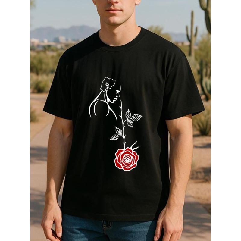 European Size Men's Short Sleeve T-Shirt, Medium Stretch, Casual Graphic Tee with Delicate Face Line Art Print