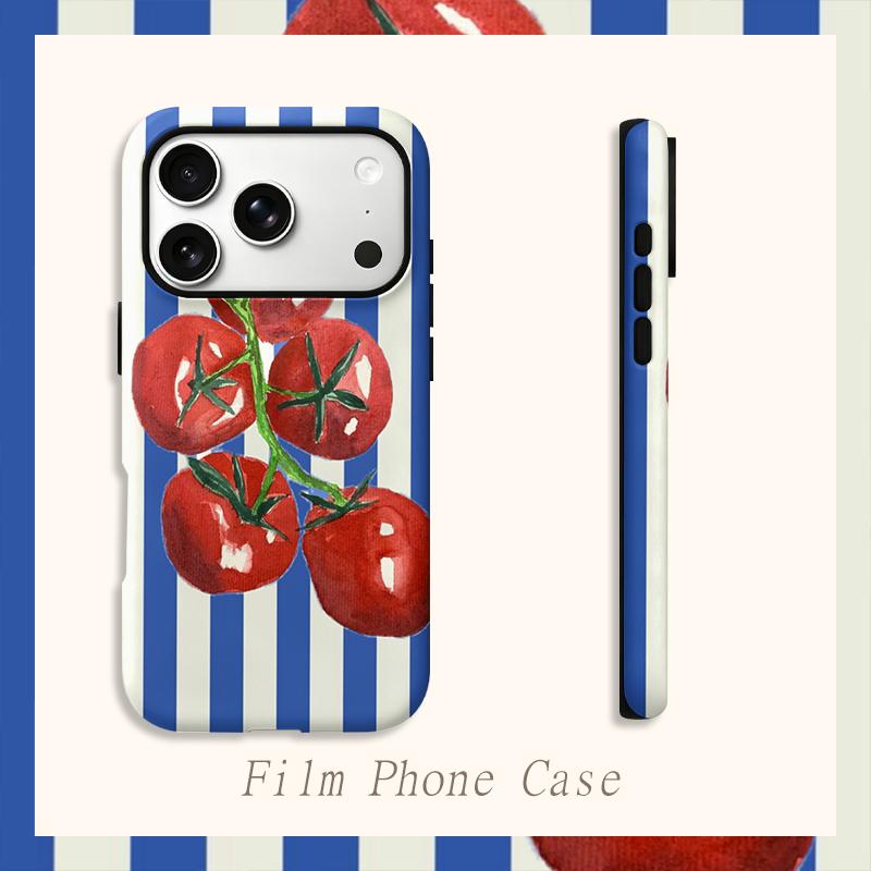 Classic Striped Watercolor Tomato Fruit Graphic Art Film Aesthetic Protective Shockproof Bumper Phone Case Cover For iPhone 14 15 16 Pro Max Plus