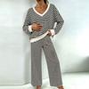 eBay European Striped V-Neck Home Suit Women's Loose Long Sleeve Wide Leg Pants Soft Skin-friendly Pajamas Two-piece Set
