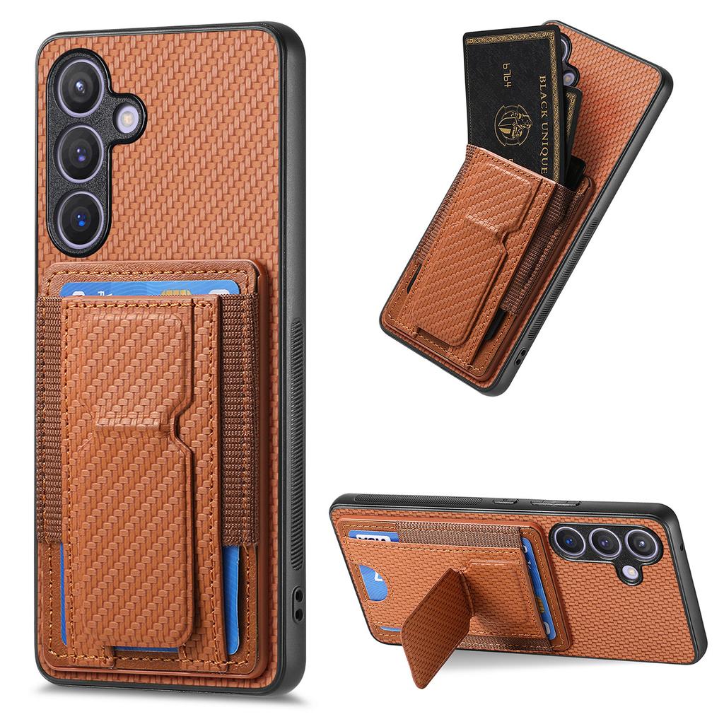 For Samsung Galaxy S25+ Case with Card Holder Kickstand Fiber Pattern Leather Back Cover