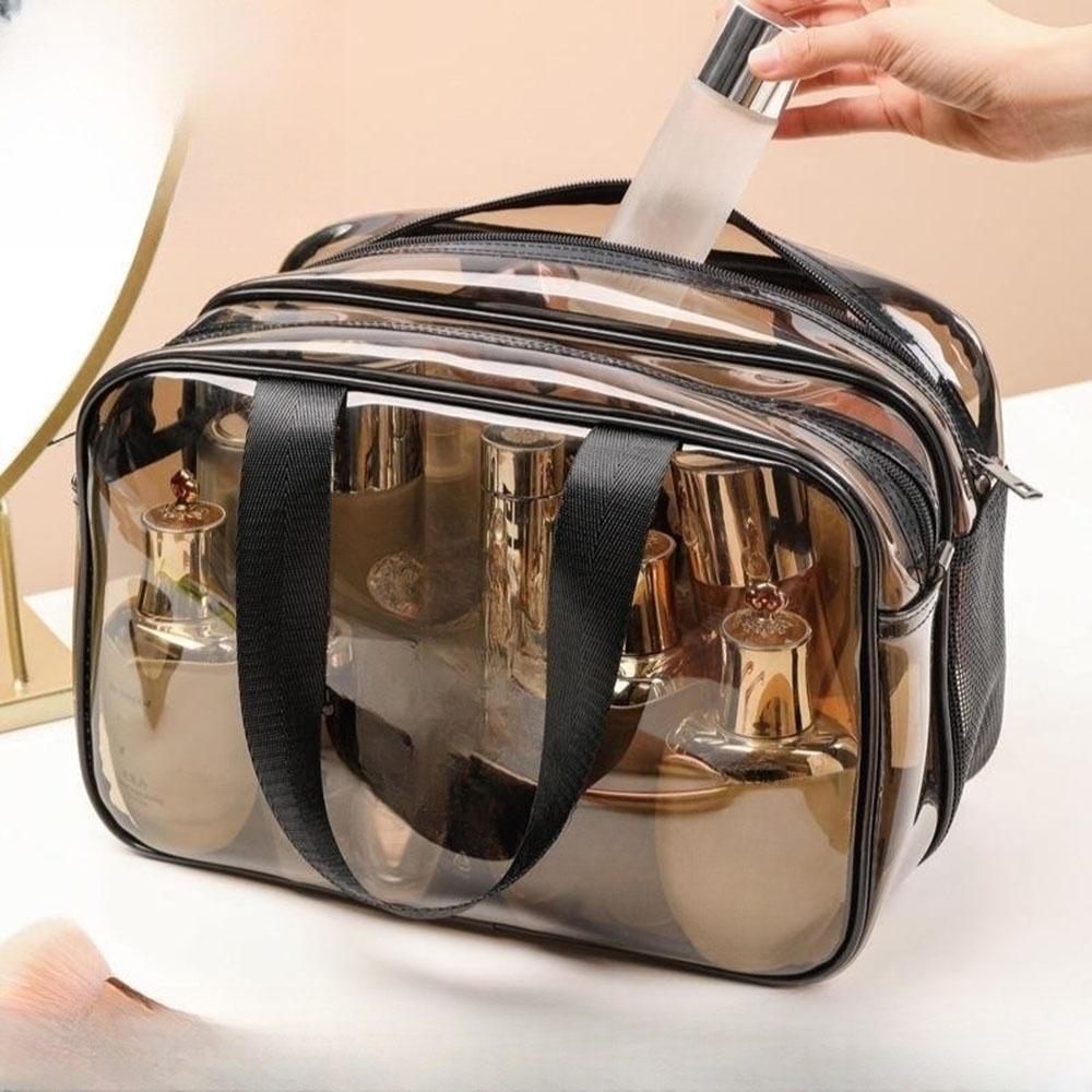 Bolsa de maquillaje transparente simple de doble capa impermeable resistente al desgaste separación seco húmedo bolsa de maquillaje bolsa de almacenamiento para lavado en el baño