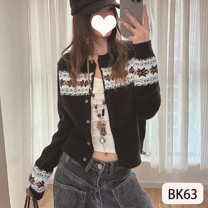 American Retro Fair Isle Knitted Cardigan Women s Autumn Contrast Color Jacquard Sweater Jacket onesize