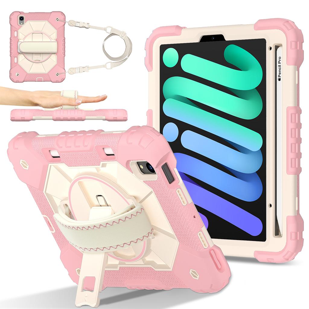 Heavy Duty Protective Cases for iPad Mini 6 A17 Pro Full Body Shockproof Protection Cover with Kickstand Hand Crossbody Lanyard