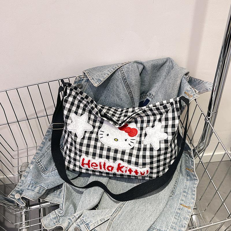 

Anime Hello Kitty Women s Shoulder Bags ladies cute cartoon plaid versatile shoulder tote bag Kawaii Canvas Handbag