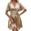 Damen Sommerkleid in Metallic-Optik mit tiefem V-Ausschnitt und Lotusärmeln in Volltonfarbe