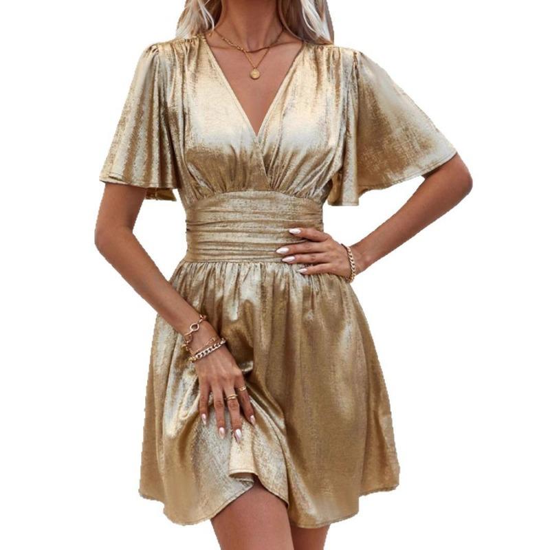 Women's Summer Metallic Deep V-neck Lotus Sleeve Solid Color Dress