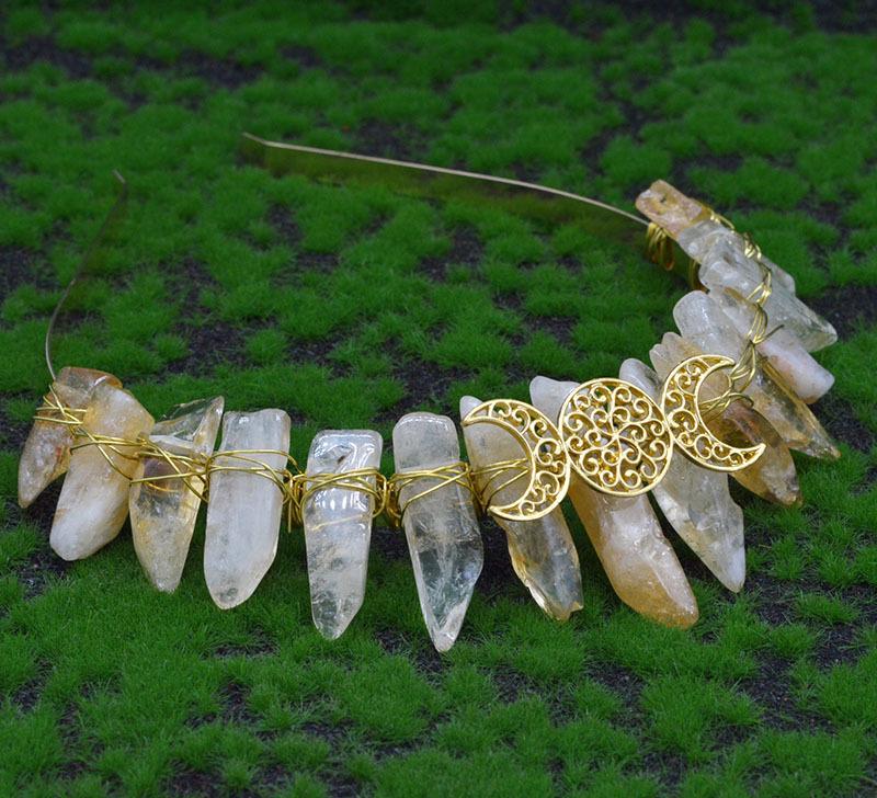 Natural Gold Crystal Moon Crown Headband - Handmade Wiccan Hair Accessory