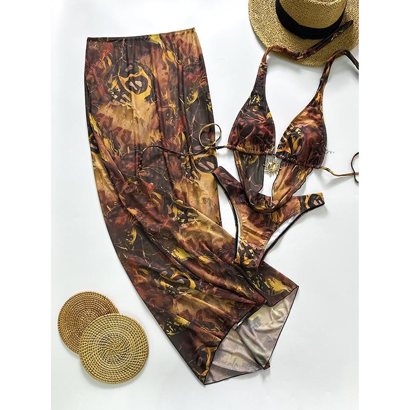 

New 3PC High Quality Retro Prints Bikini Swimsuit And Skirt Print Deep-V Lace-up Women Bikini Set Swimwear Bathing Suit XL коричневий