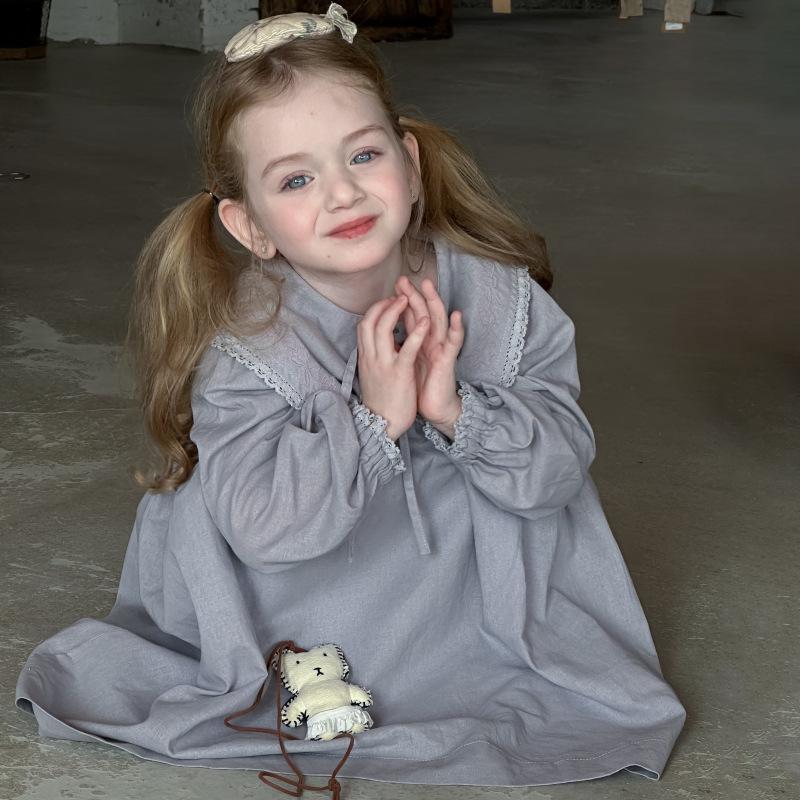 Girls' Spring Embroidered Lace Collar Long Sleeve Cotton Dress