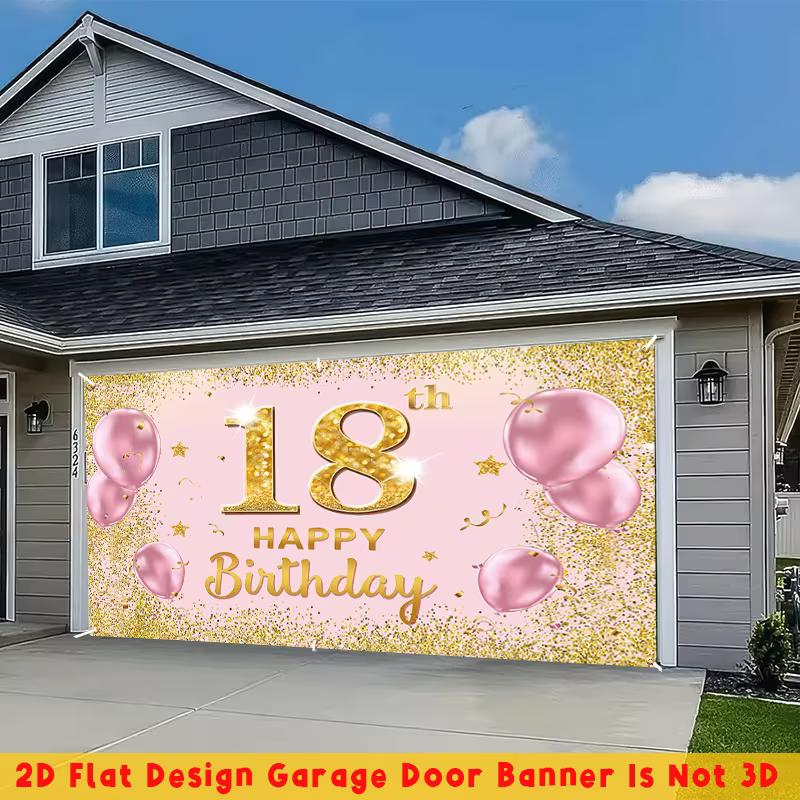 2D 18th Happy Birthday Garage Door Banner Pink Gold Balloon Background