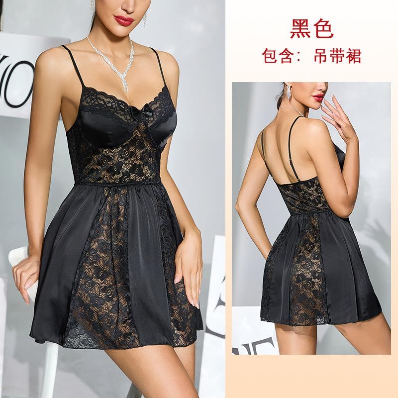 Women Sexy Lace Patchwork Satin Short Strap Nightdress Home Loungewear