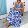 Spring and summer new blue and white porcelain printed neck dress European and American vacation beach dress women