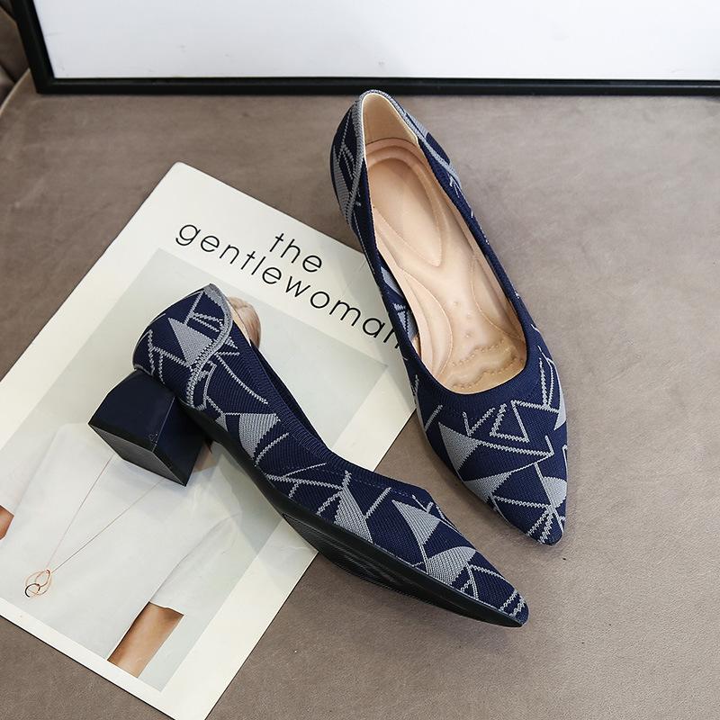 High heels single shoes leopard print flying woven pointed thick heel light mouth medium heel woven high heels women