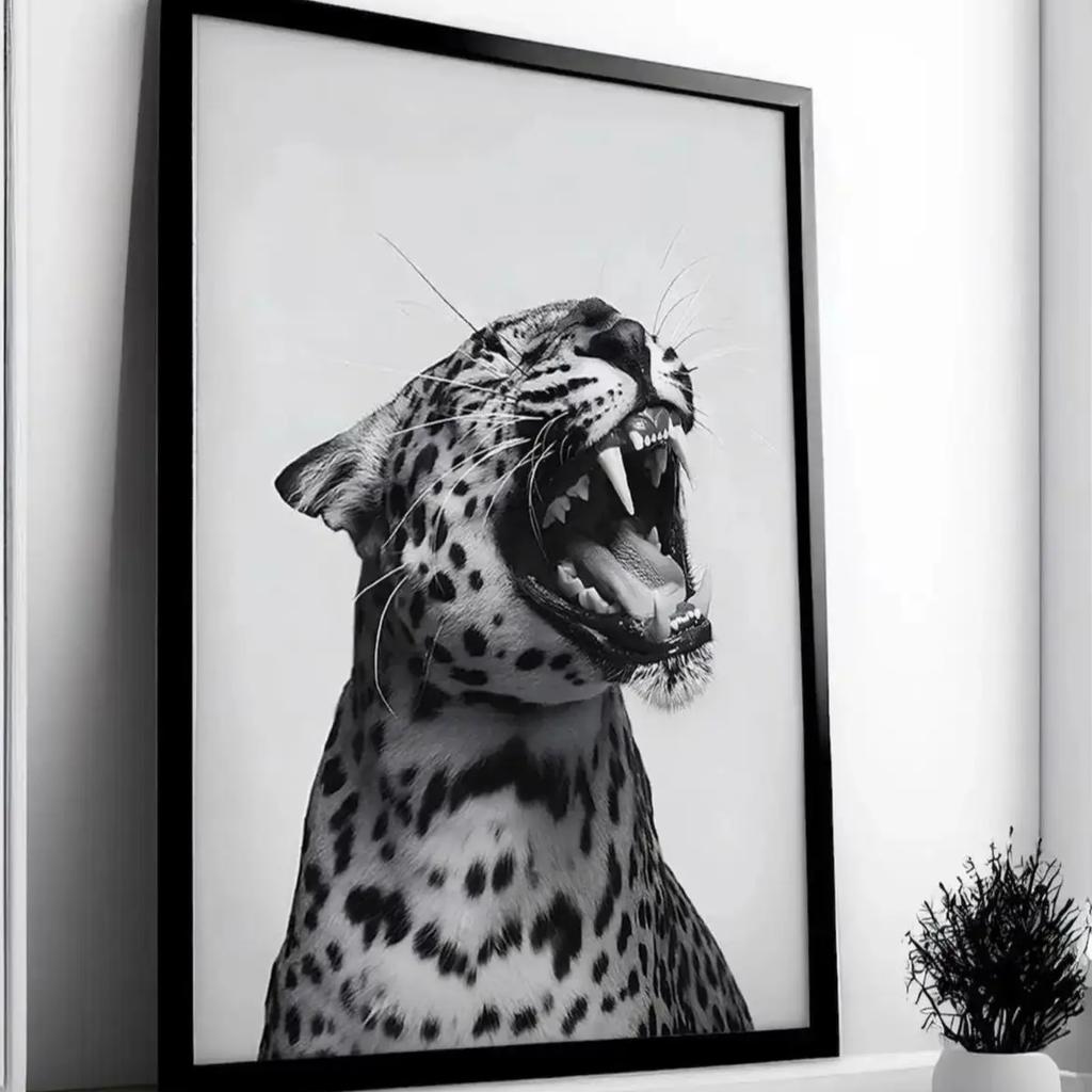 Trendy Leopard Roar Print Black and White Wall Art Pictures for Living Room Home Decor Unframed