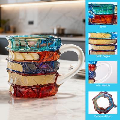 Hand-Painted Book Mug 3D Glass Design Novelty Stacked Book Coffee Cup Literary Gift for Teachers & Book Lovers