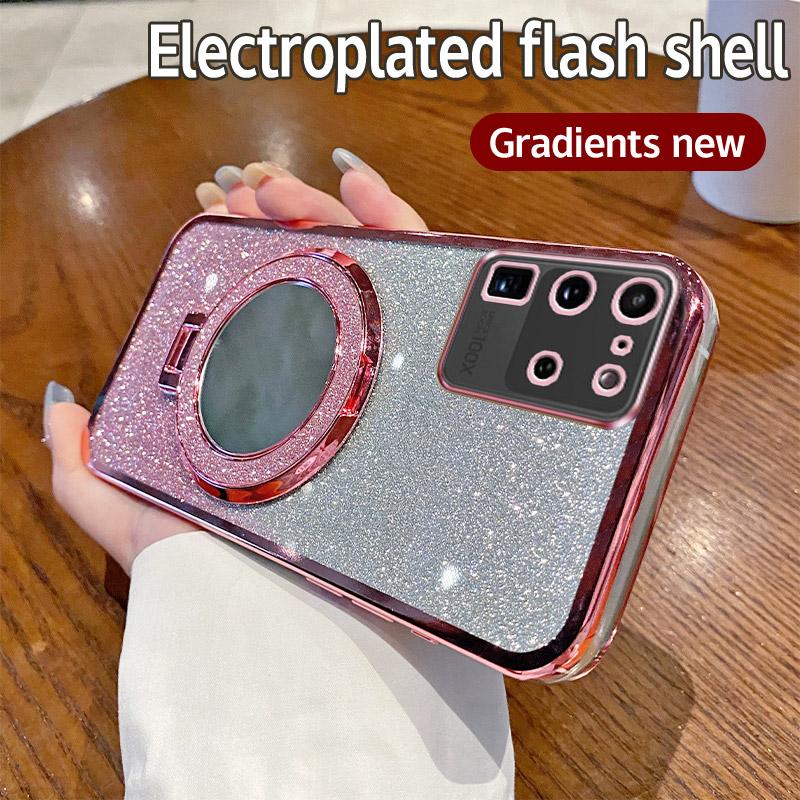 Luxury Electroplated Glitter Mirror Case For Samsung Galaxy S20 S21 S22 S23 S24 Plus S25 Ultra Shockproof Magnetic Stand Cover