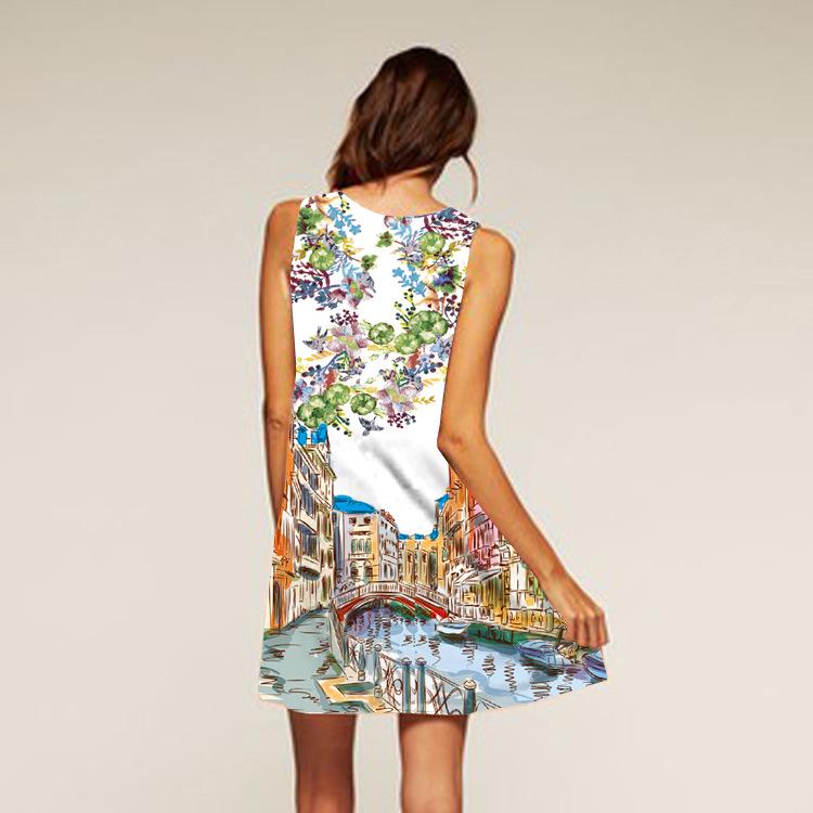European Station European and American new retro digital printing round neck hot-selling off-the-shoulder medium and long vest dress
