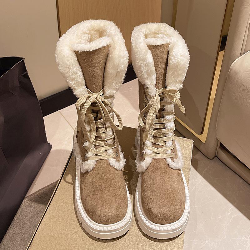 

Lace Up Mid-Calf Snow Boots Women s Winter Platform Plush Warm Cotton Shoes for Women Anti-slip Fur Boots Size 36-41 Botas Mujer 36 верблюд