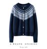 Women's Retro Fair Isle Cashmere Cardigan - Soft Long Sleeve Wool Sweater with Round Neck