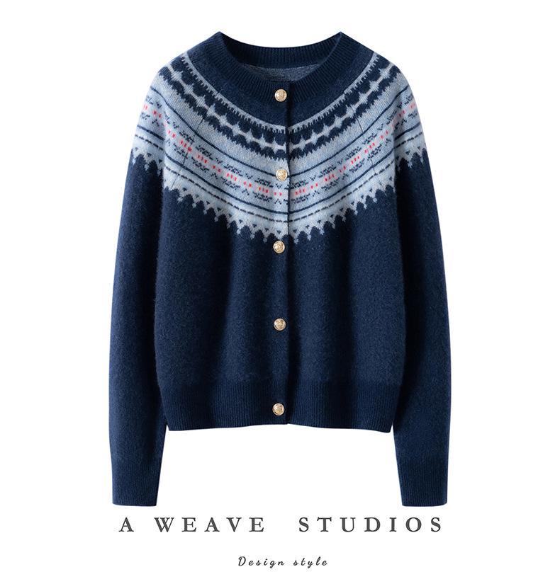 Women's Retro Fair Isle Cashmere Cardigan - Soft Long Sleeve Wool Sweater with Round Neck