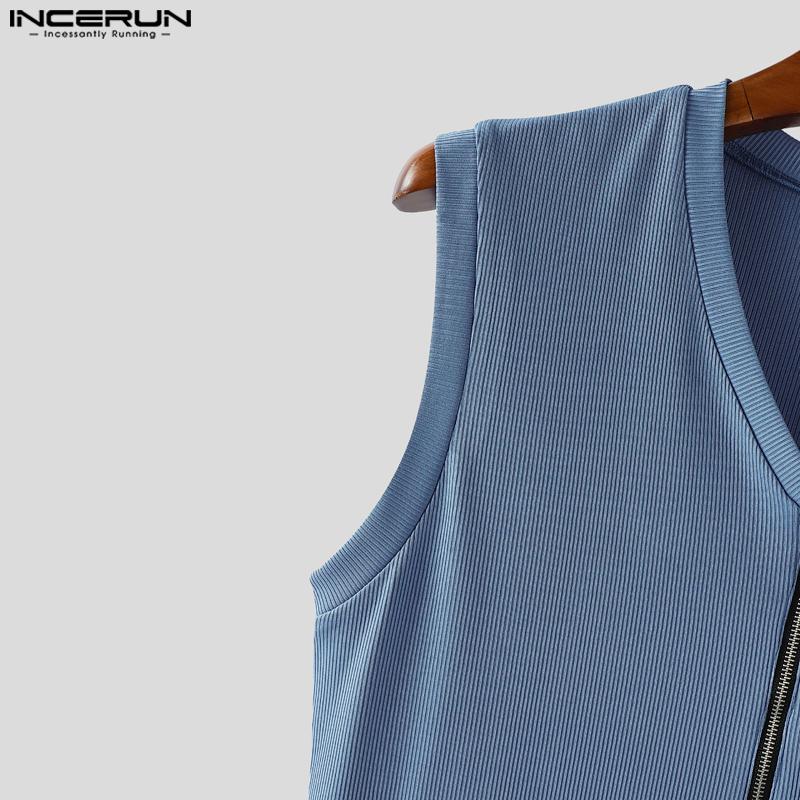 INCERUN Męskie bezrękawniki z dekoltem w serek, zapinane na zamek, w jednolitym kolorze, casualowe, prążkowane