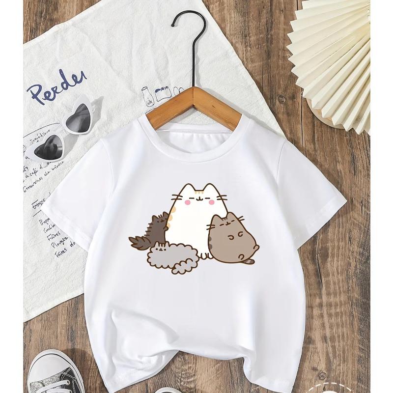 Children's cartoon cat printed cotton T-shirt with soft round neck and short sleeves suitable for boys and girls summer tops