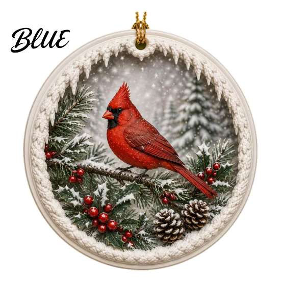 Festive Hanging Decor Acrylic Christmas Red Bird Ornament, Snow Scene Pattern Xmas Tree Ornaments Decor, Retro Round Pendant for Winter Holiday Party