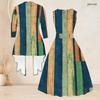 Women Plus Size Two Piece Set Printed Sleeveless Round Neck Tie Waist Flared Dress And Three Quarter Sleeve Cardigan