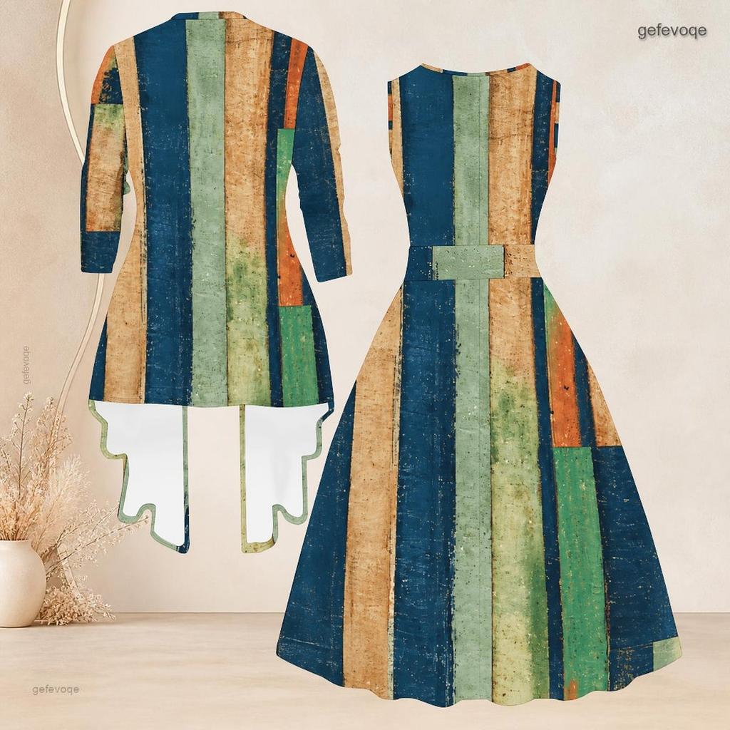 Women Plus Size Two Piece Set Printed Sleeveless Round Neck Tie Waist Flared Dress And Three Quarter Sleeve Cardigan