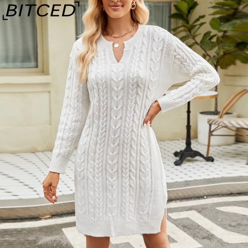 BITCED Autumn/Winter Twisted-Knit Mid-Length Knitted Dress Solid-Colour Slit-Hem Loose-Fit Pullover Women's Wool Dress
