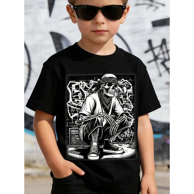 Boys Crewneck Short Sleeve Tee, Cool Chicano Mexican Gangster Skeleton Print Comfort Casual Top