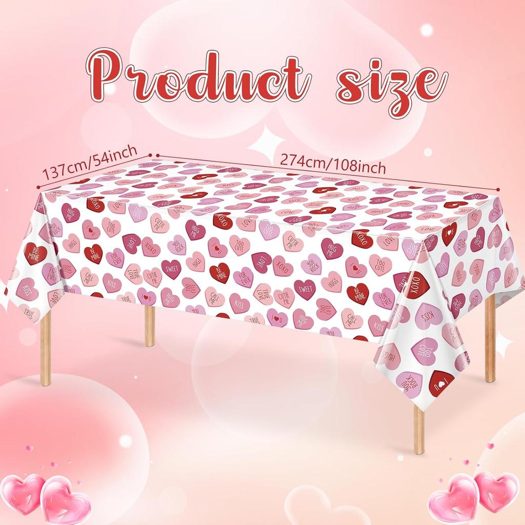 3 Pcs Valentines Day Tablecloth, Pink Love Heart Plastic Table Cover, Valentines Disposable Rectangle Table Cloth for Valentine’s Day Wedding