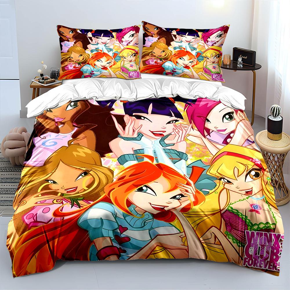 Beautiful Girls W-winx Cartoon Pattern Duvet Cover Set Digital Print Colorful Polyester Bedding with Zipper Closur for Kids Gift