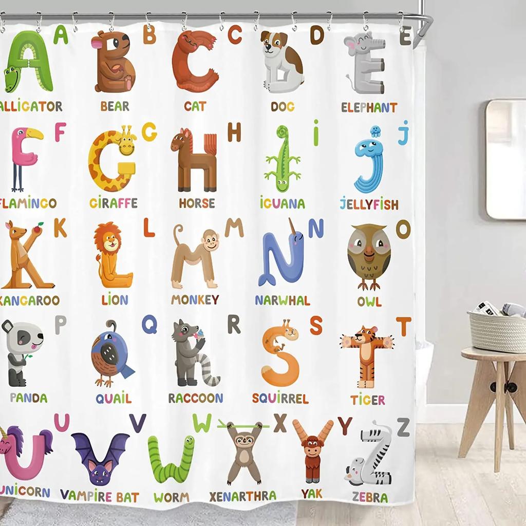 Kids Alphabet Shower Curtains For Bathroom Decor Abc Educational Learning Tool Baby Cartoon Animals Colorful Girls Boys Printed