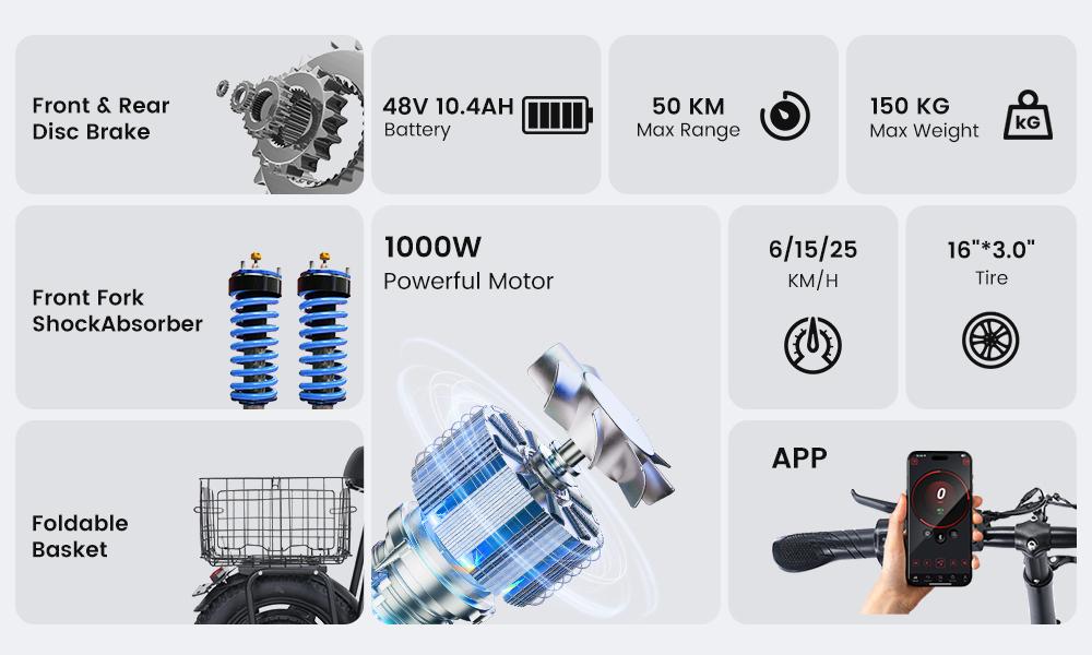 iScooter F7 Electric Scooter 1000W Motor 10.4Ah Battery 16'' Pneumatic Snow Tires 25KM/H Max Speed 64-72KM Range Adult Electric Scooters