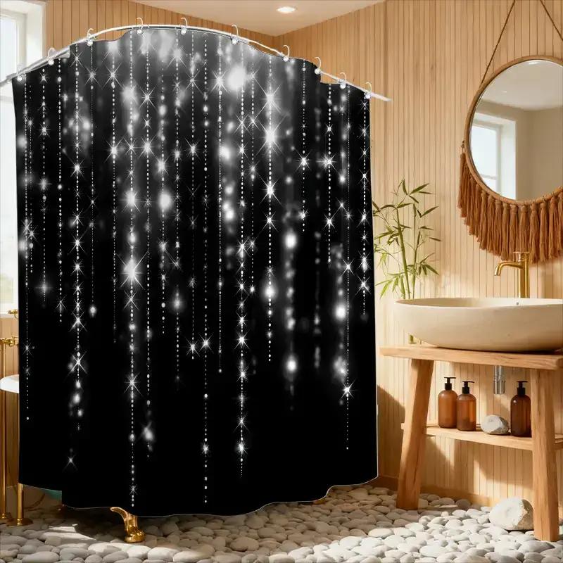 Jessica Chen Black/White Starry Sky Shower Curtain Background Glittering Stars Waterproof Bath Decor Modern Celestial Bathroom Curtains