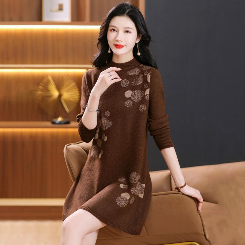 Kleid für Frau Baumwolle Winter Warm Rundhals Langarm Vintage Lässig Bedruckt Lang Stretch Strickpulloverkleider