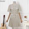 ZANZEA Women Casual Round Neck Short Sleeve Elegant Pleated Dress