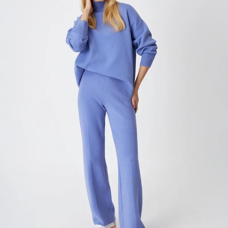Autumn Winter 2 Pieces Women Sets Knitted Tracksuit Turtleneck Sweater and Straight Jogging Pants Suits