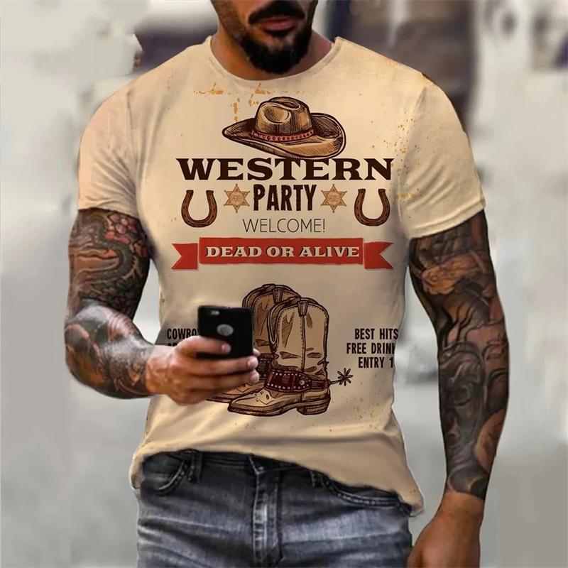 Vintage Koszulki Kowbojskie Odzież Męska Okrągły Dekolt Krótki Rękaw Koszulka Harajuku Streetwear 3D Nadruk Codzienny Fajne Koszulki Top
