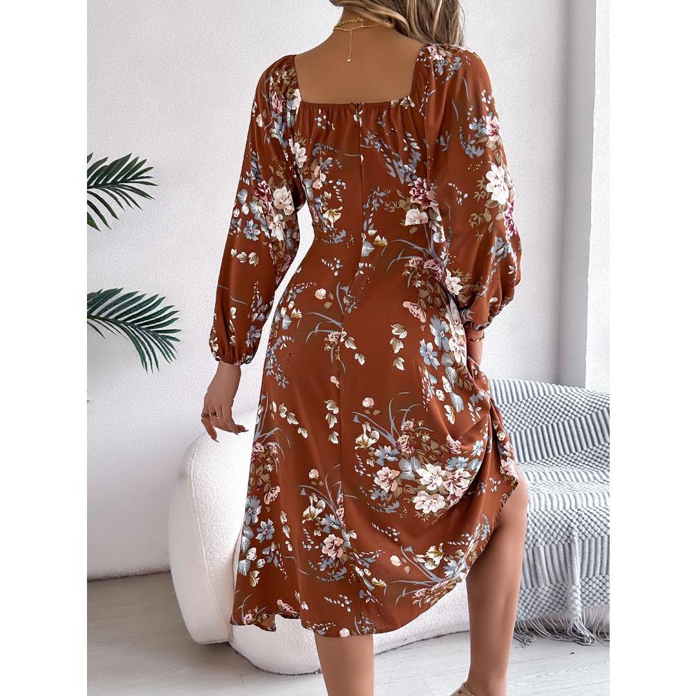 Spring Summer Sexy Tie Knot Floral Long Sleeve Split Dress Women's Dresses Skirt