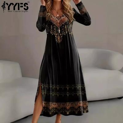 Dames Mode Lente Herfst Lange Mouwen V-Hals Middelhoge Taille Casual Jurken