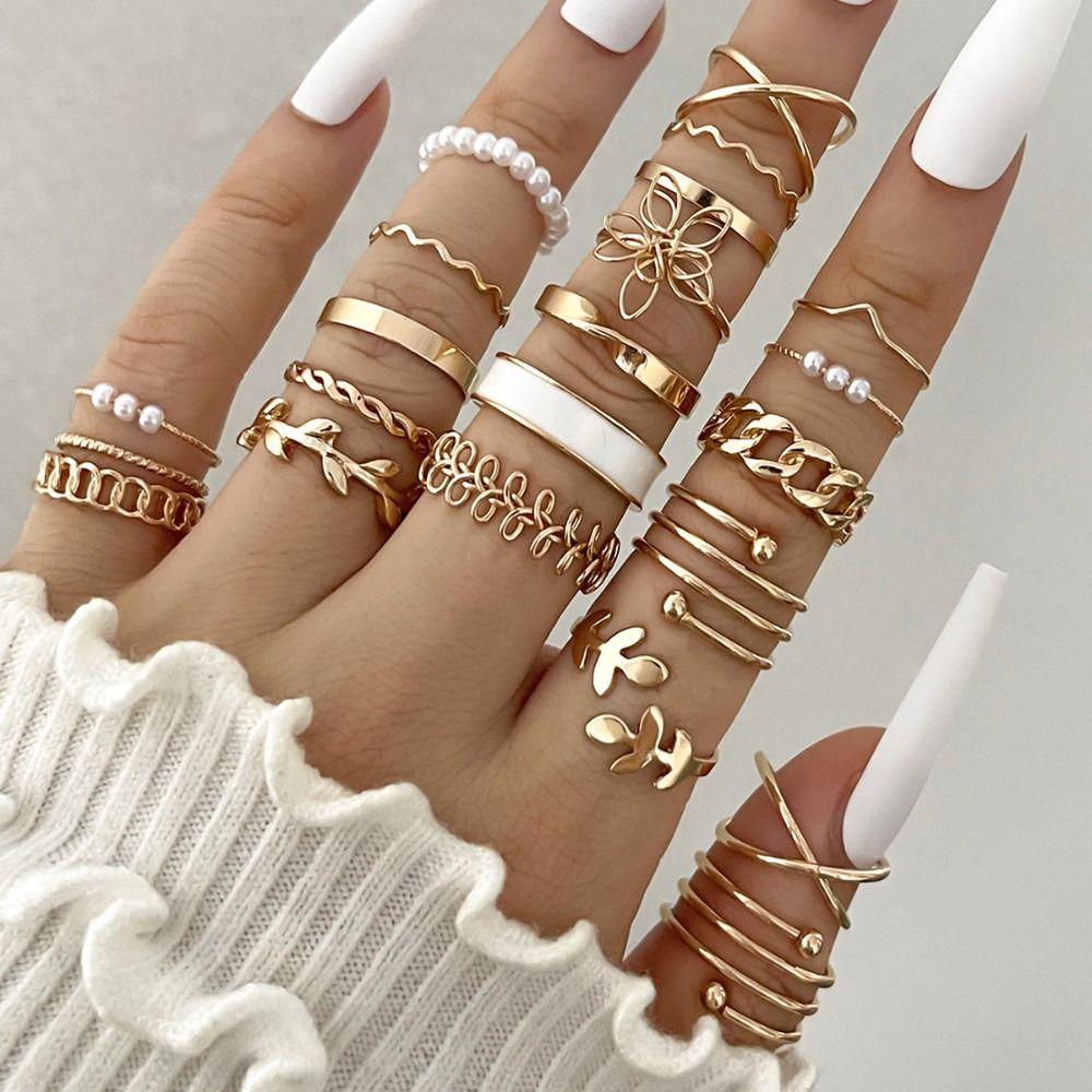 Gold/Silver Wave Joint Rings Set Alloy Love Chain Joint Ring 2024 Multi Style Ring Set Woman